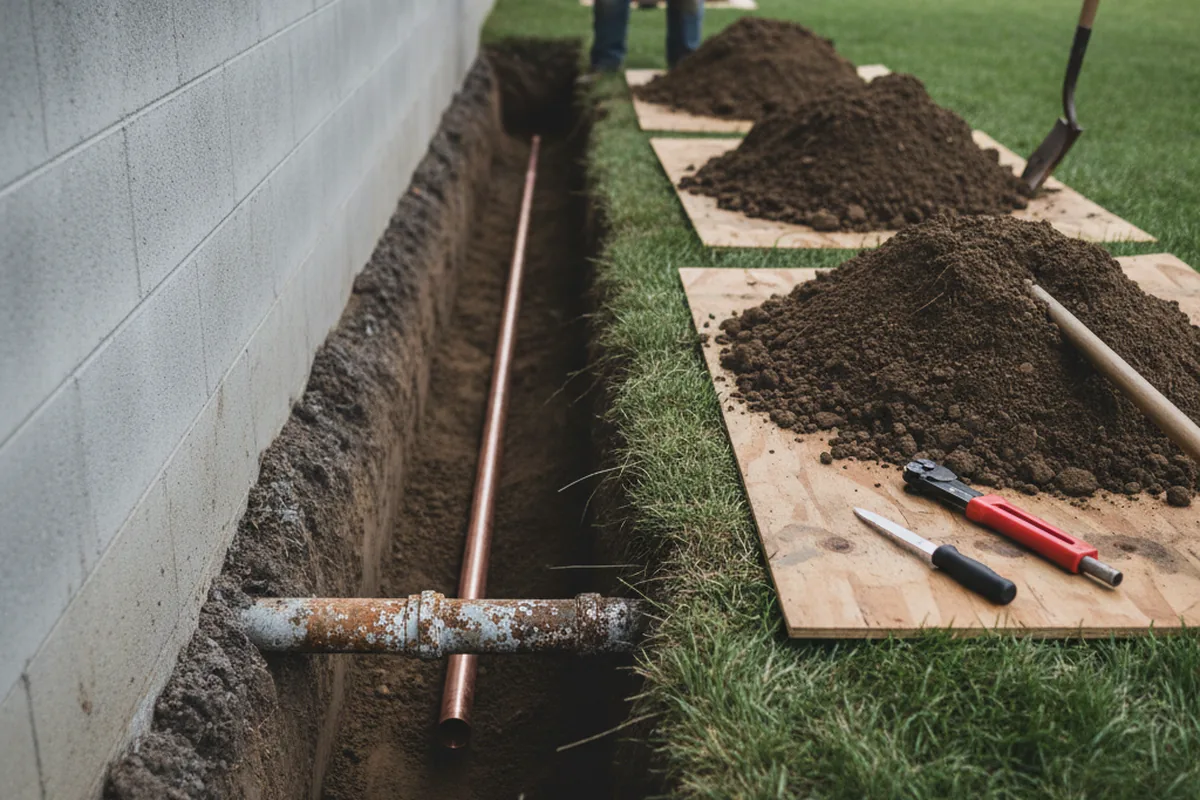 Excavated water line trench during Water Softener Installation in Schulter